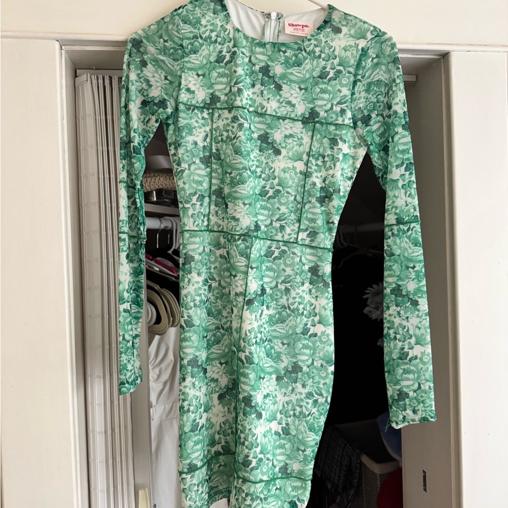 Showpo Green and White Bodycon Dress Long Sleeve Crew Neck